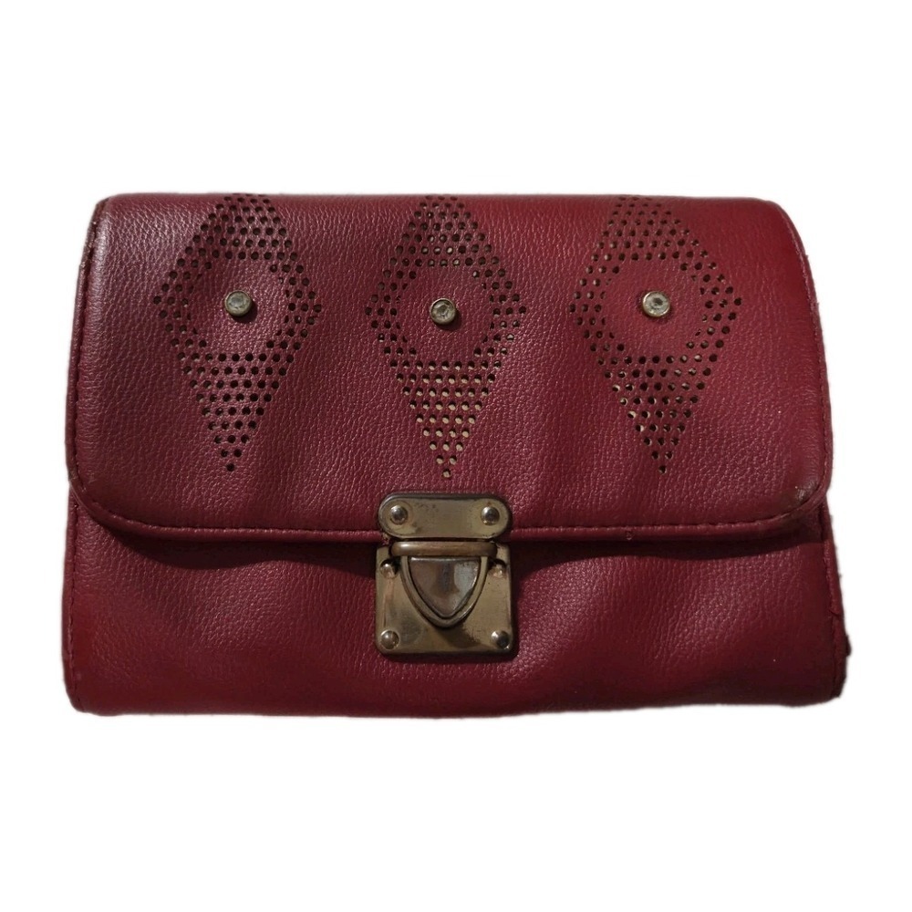 Vintage Red Leather Clutch Wallet Crossbody Bag Purse, Rhinestones